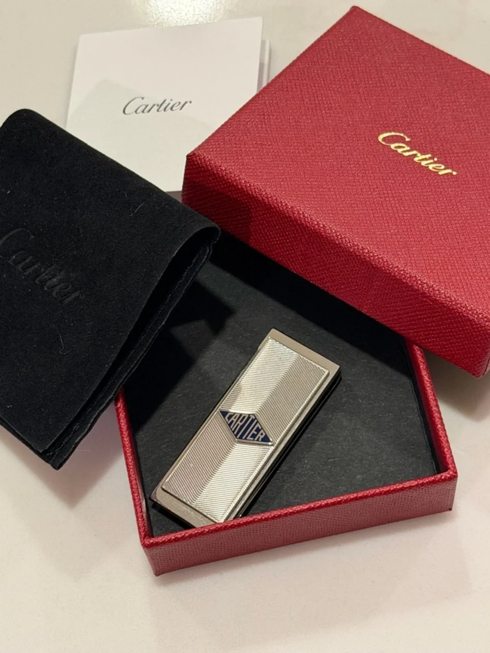 Authentic Cartier Silver Tone Money Clip with Blue Logo Accent
